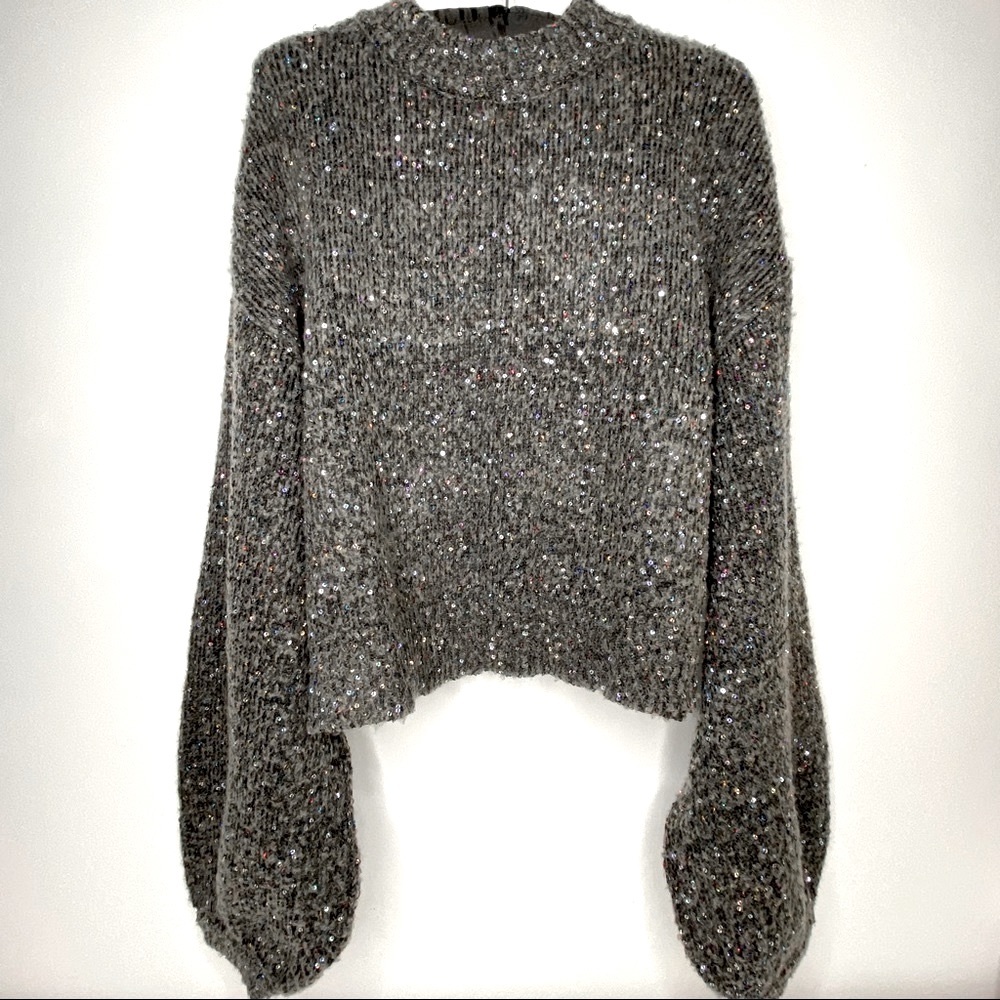 Zara Charcoal Grey Multicoloured Sequin Oversized Puff-sleeve Sweater Size S